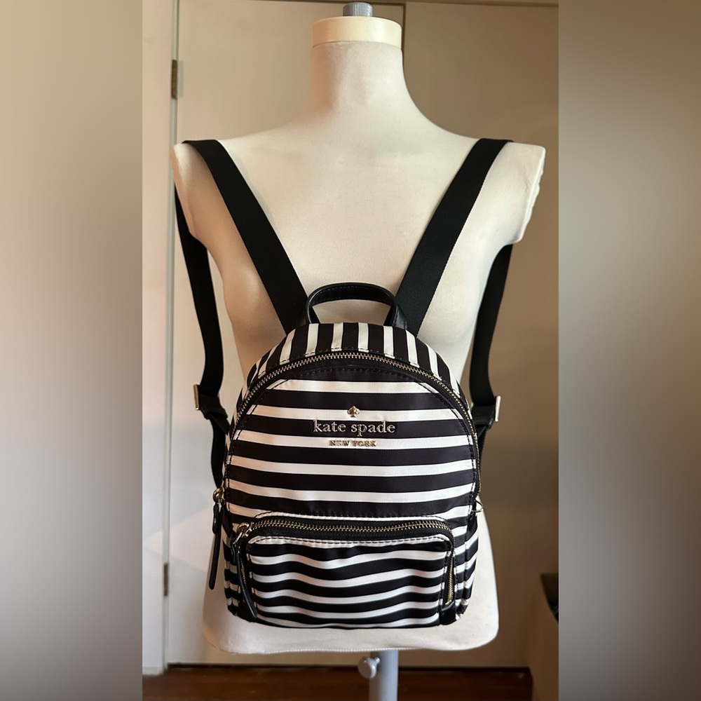 Kate Spade Black and White Striped Mini Backpack Purse Gold Hardware